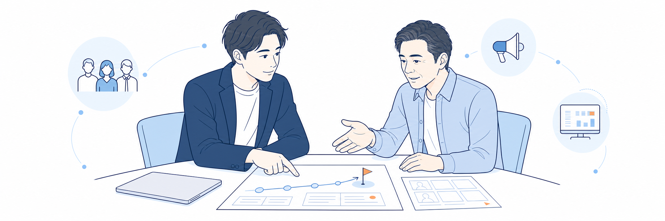 動画の目的を整理する企業担当者と動画制作者のイラスト