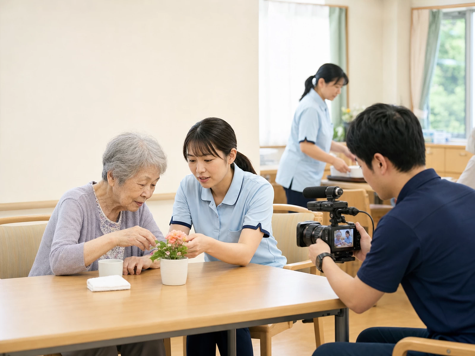 介護職員の仕事風景を撮影する採用動画の制作現場